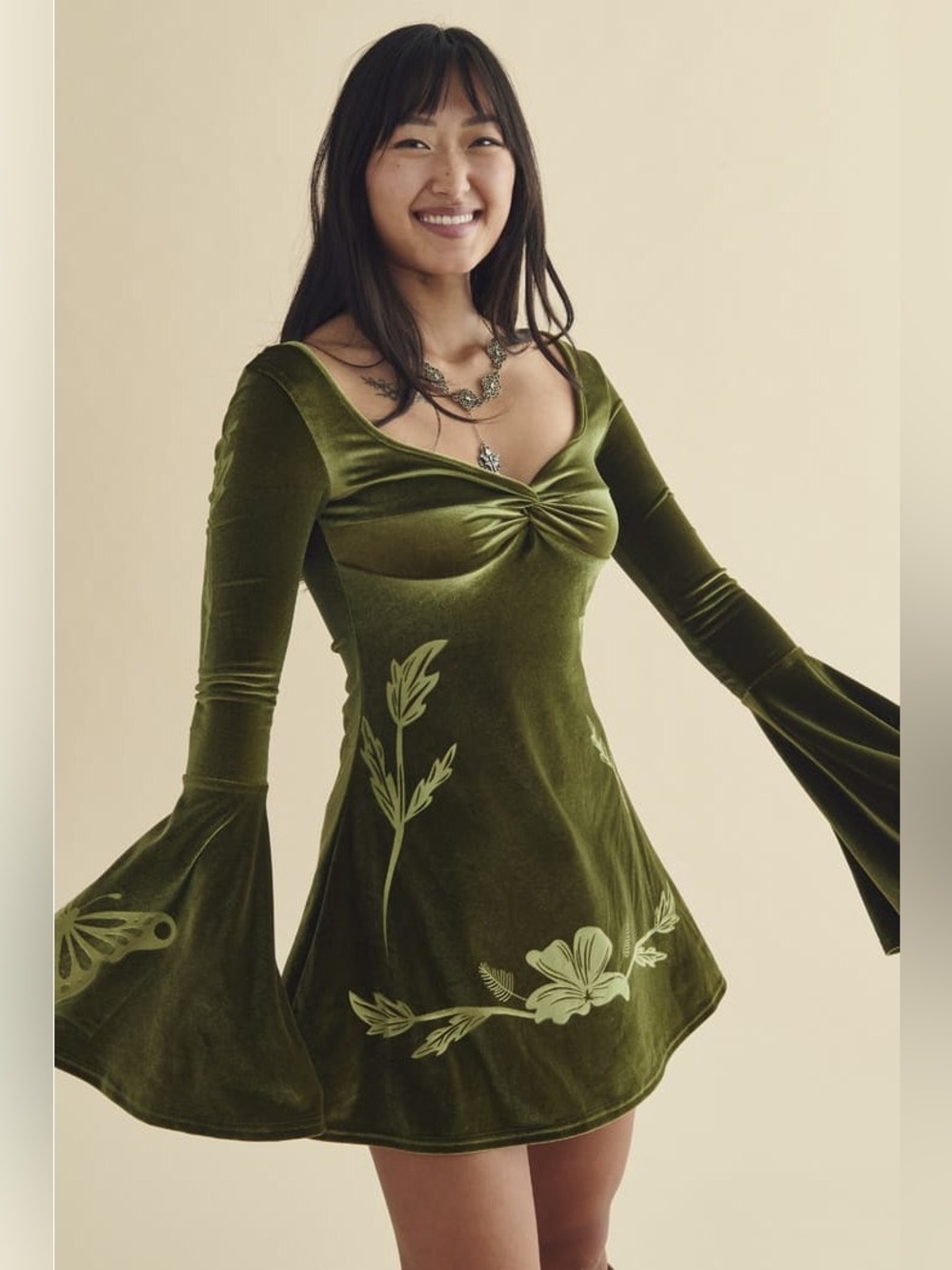 Earthbound Trading Lime Velour Bell Sleeve Mini Dress Small